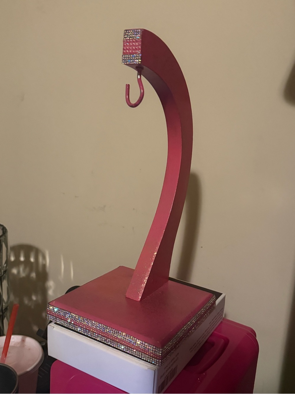 Hot Pink w/metallic gold “Barbie Themed” Rhinestone accented Display Stand